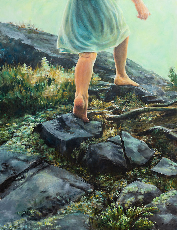 maalaus tyttölapsesta juoksemassa rantakallioilla