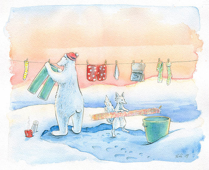 Jääkarhu Janin pyykkipäivä -akvarelliteos